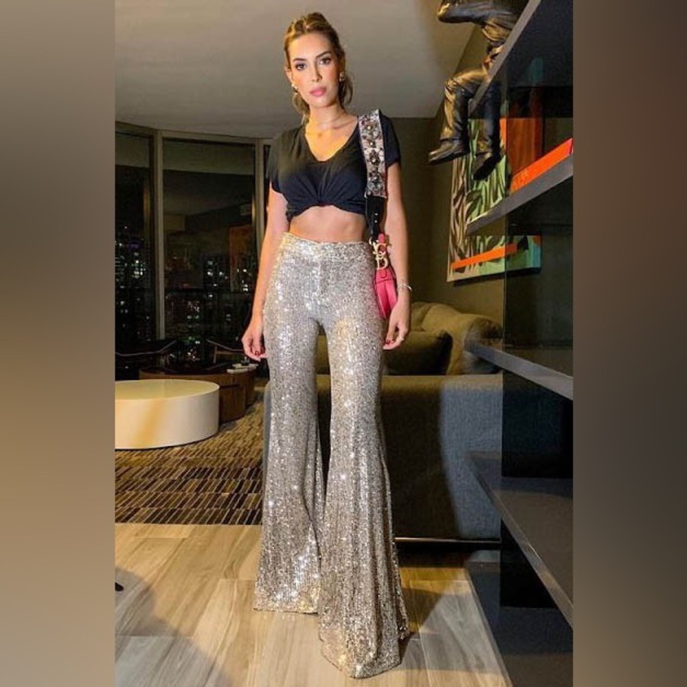 Junior Fit Sequined Flare Leg Pants - Picture 1 of 5